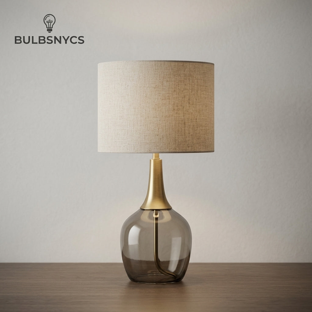 Bulbsnycs™ Sombre-Opal™ Hand-Blown Smoked Glass & Flaxen Drum Table Lamp
